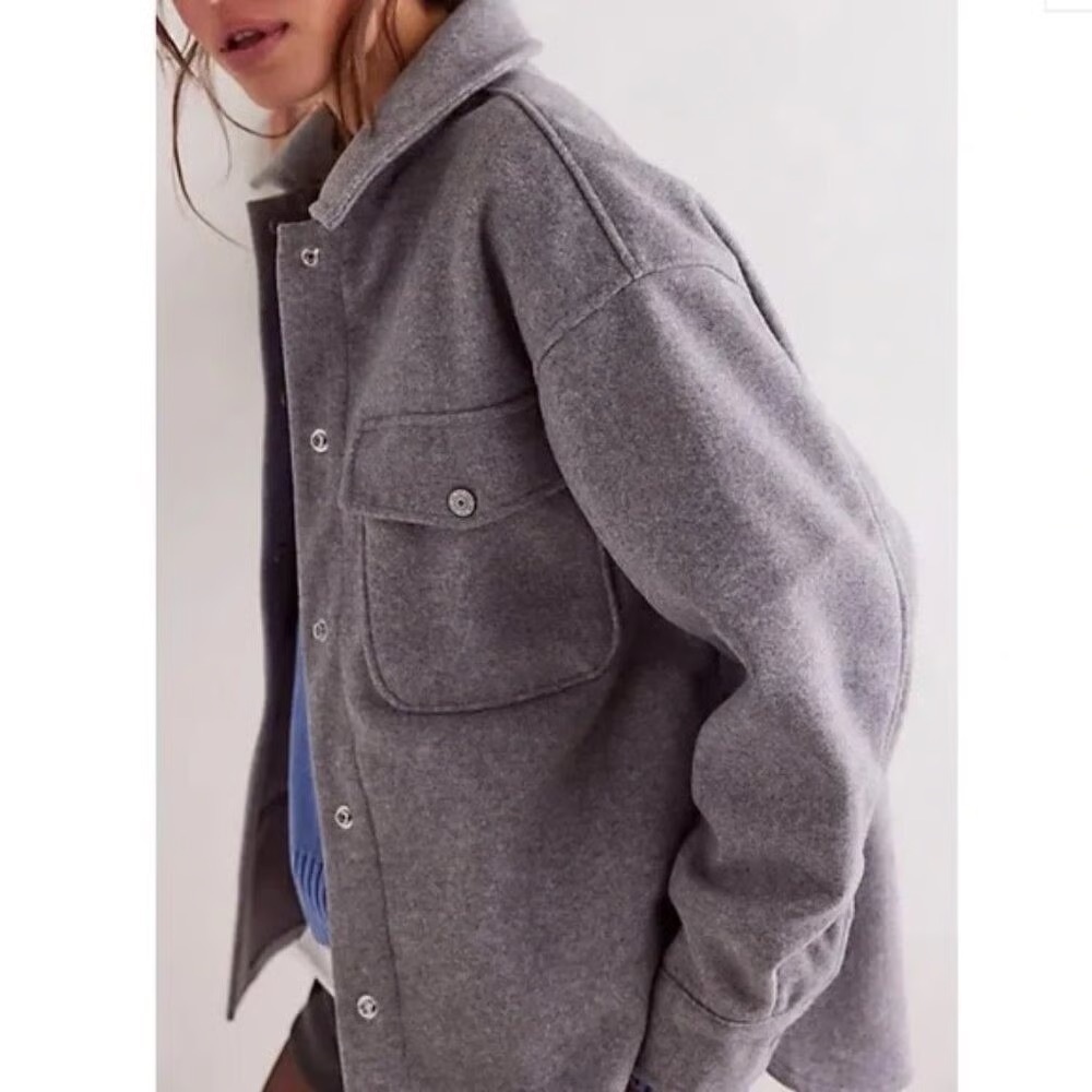 Free People We The Free Lola Shirt Jacket in Grey Size Large